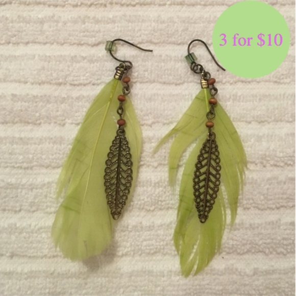 Green and Gold Feather Earrings - Picture 1 of 2